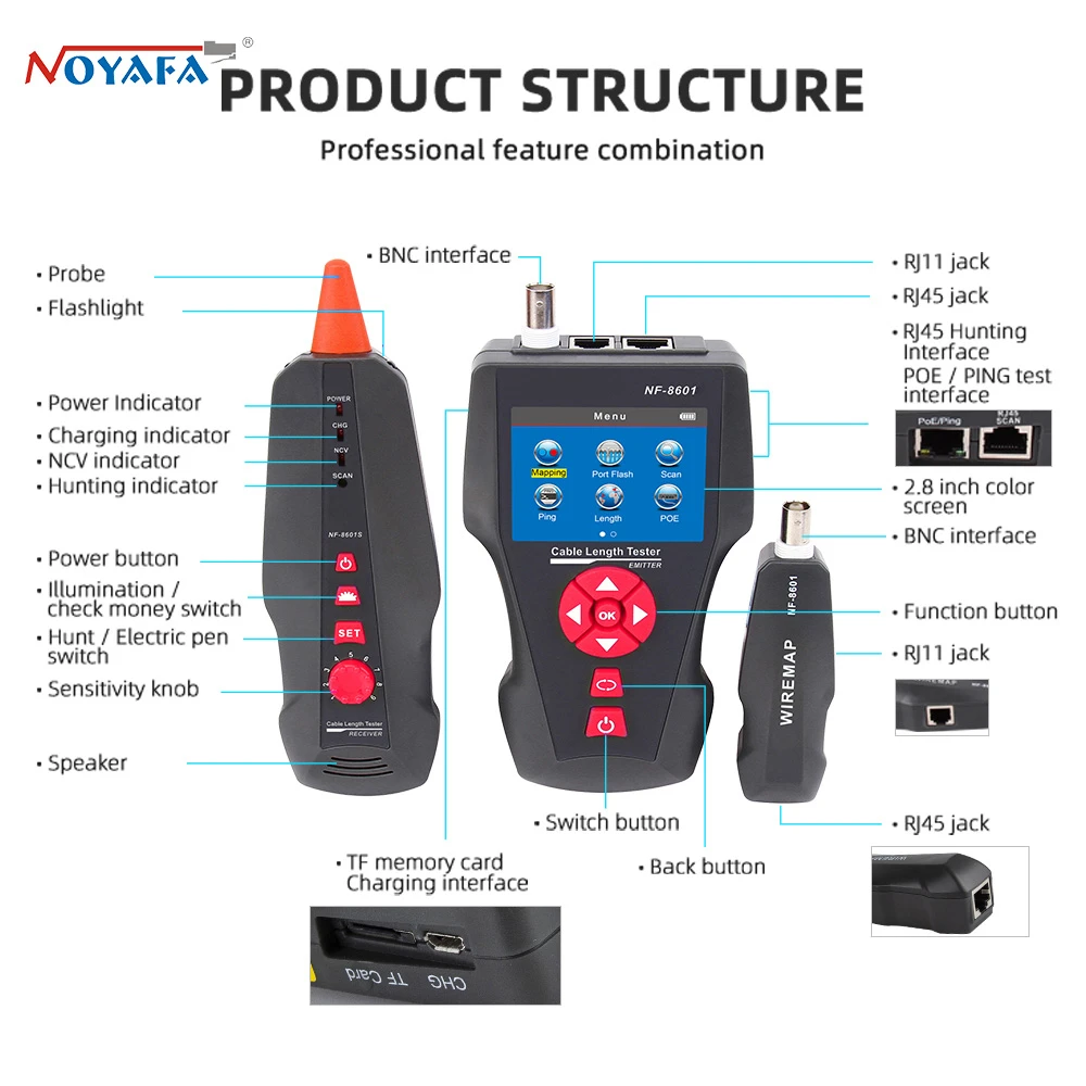 NOYAFA Original NF-8601 Cable Tester RJ11 RJ45 POE PING LCD Cable Length Test  For Tester network Wire Check cable toner tracer