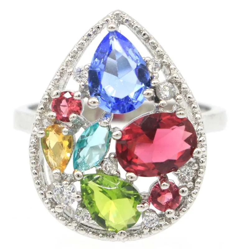 19x11mm Delicate Fine Cut Created Rhodolite Garnet White Bright Cubic Zircon Silver Rings for Women Anniversary Jewelry | Украшения и