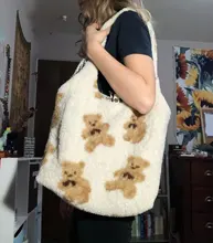 Bolso grande de tela de oveja para mujer, bolso grande de hombro de lona de oso de piel esponjosa, bolso de compras suave de gran capacidad, bolso escolar para niña