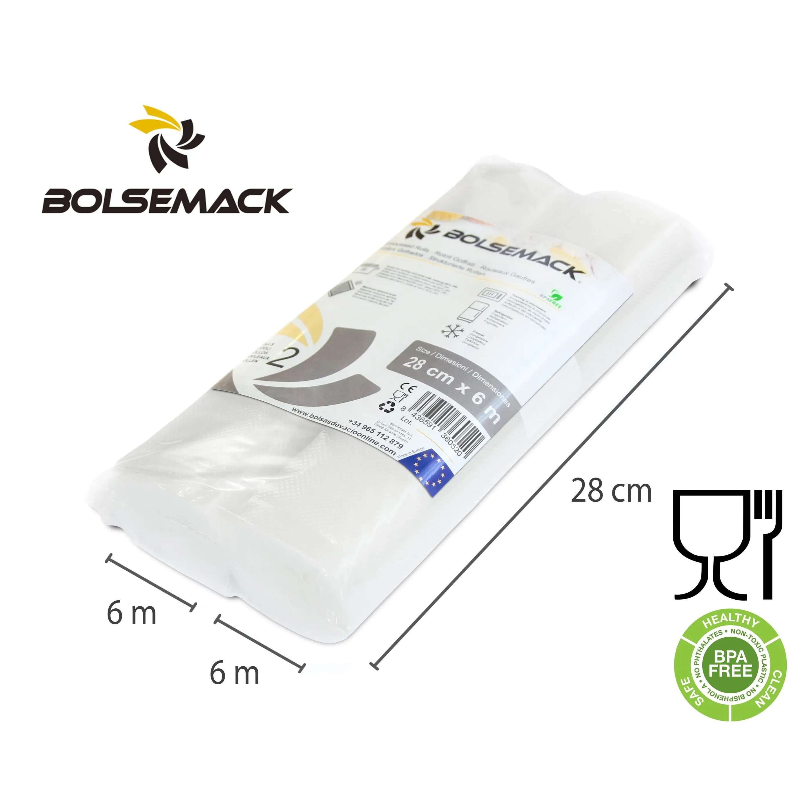 Rollo de bolsas gofradas de envasado al vacío alimentario (28 cm x 6 metros) (2 Uds.) Para todo tipo de envasadora doméstica