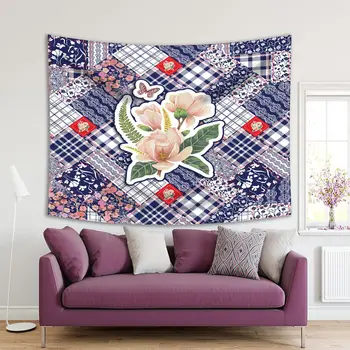 

Tapestry Checkered Fabrics Blooming Cherry Wildflowers Floral Motifs Patchwork Style Artwork Blue White