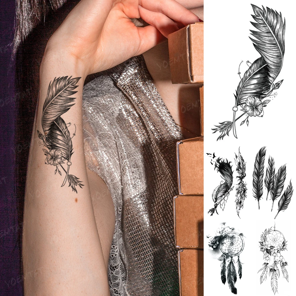 

Waterproof Temporary Tattoo Sticker Transferable Feather Wings Dream Net Flash Tatto Black Body Art Wrist Fake Tatoo Man Woman