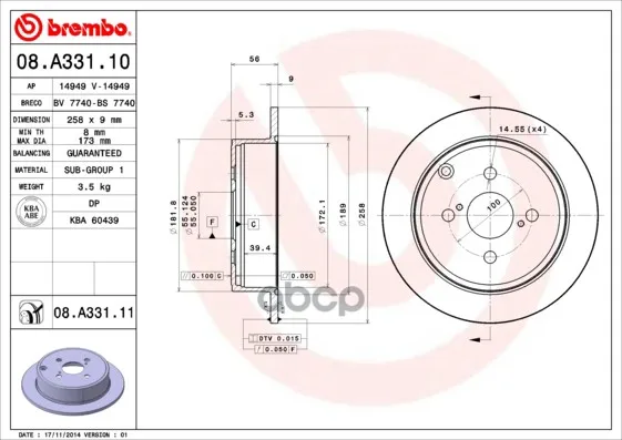 Диск Тормозной Задн Toyota: Corolla 01-, Corolla Седан 01-, Corolla Универсал 01- Brembo арт. 08.A331.10
