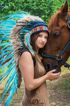 

Indian headdress Handmade for adult made with real turquoise rooster feathers - Medium Size - Native American Style