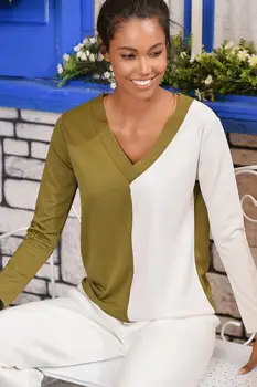 

Trend Alacati Style Women Khaki V-Neck Blocky Knitted Blouse ALC-016-193-BST