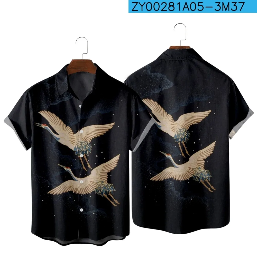 black short sleeve button up 3D night sky red-crowned crane ancient style printing casual retro men's and women's spring and autumn short-sleeved shirts blue short sleeve shirt