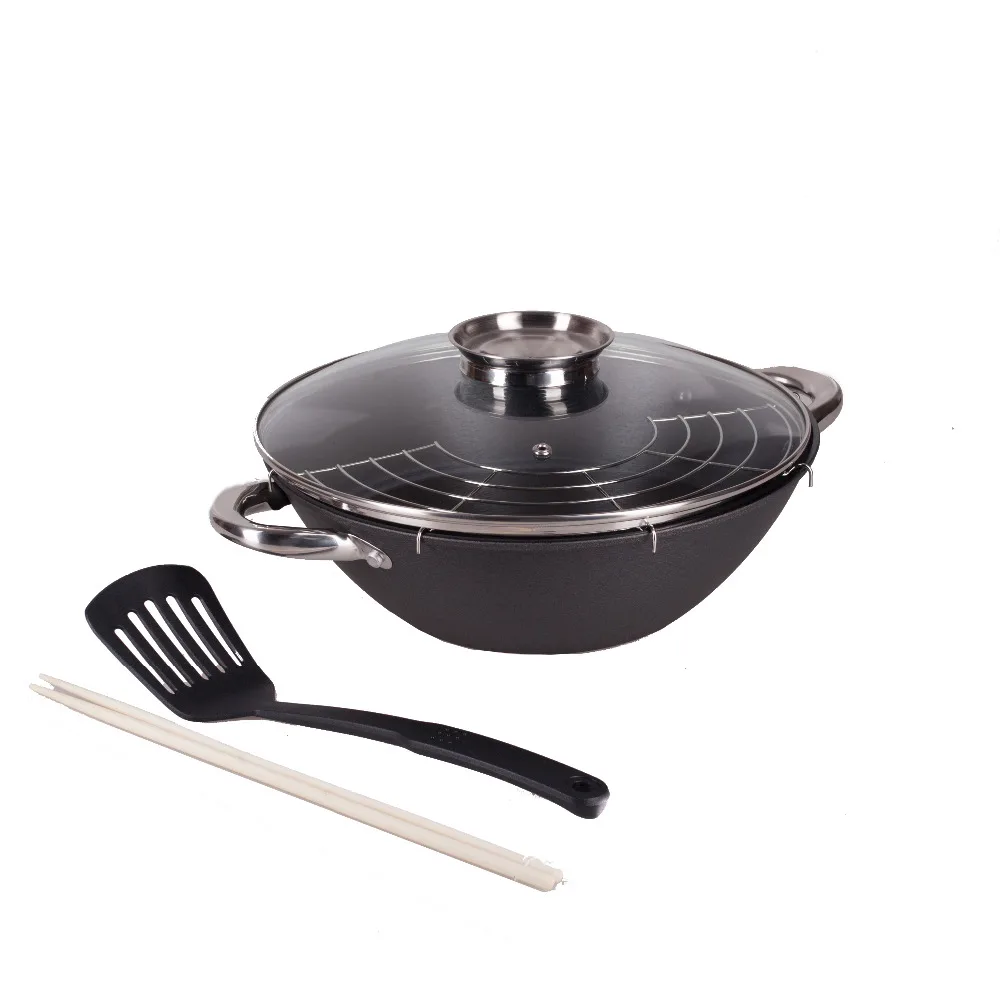 Goedkoop Wok Pan Gietijzeren Braadpan Met Houten Handvat Grill Koffie Pot Bowler Pan Koekenpan Mok Frituren 808  029 030 031