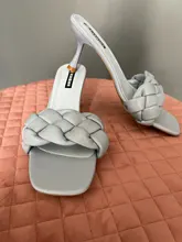 Zapatillas de diseñador tejidas para mujer, sandalias finas de tacón alto, zapatos de punta abierta sin cordones, chanclas marrones para exteriores, novedad de verano 2021