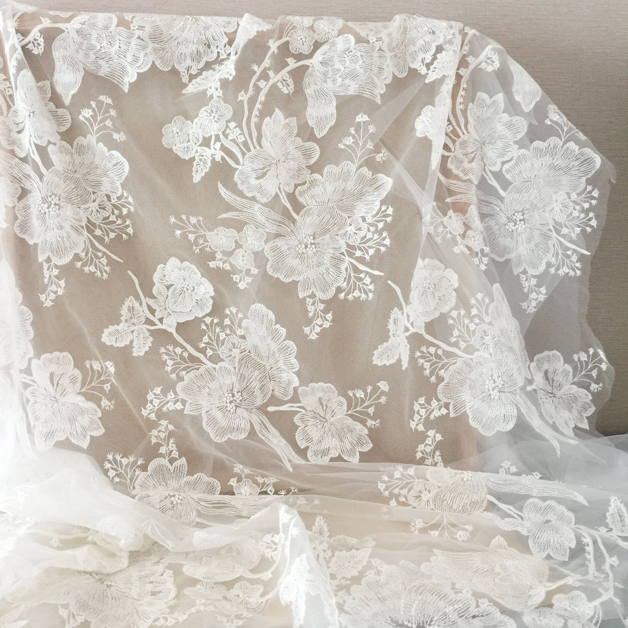 1 Yard Big Flower Wedding Lace Tulle Embroidery Floral Off-White Drape Lace  Fabric for Bridal Gown Dress Train Wedding Veils