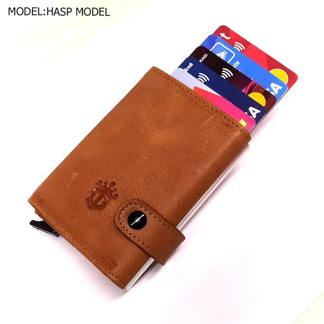 Smart Wallet Business Card Holder Real Cow Leather Handmade Smart Automatic Card Holder Men Gift Hasp Tan