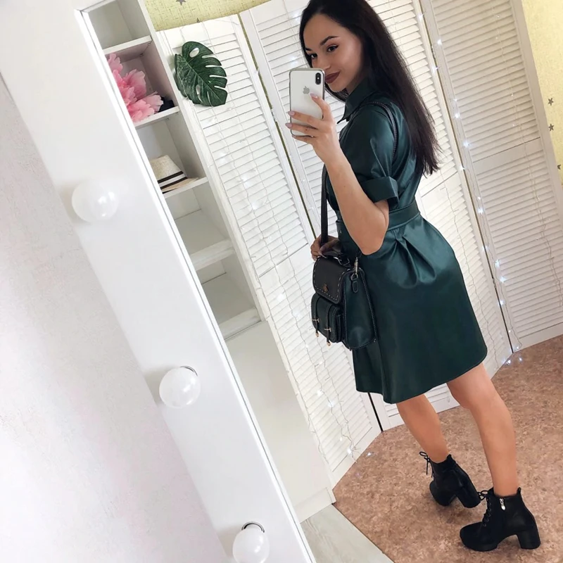 Goedkoop Vrouwen Pu Lederen Sjerpen Mini Jurk Office Dames Turn Down Kraag Korte Mouw Casual Dress 2020 Nieuwe Lente Party Een lijn Jurken