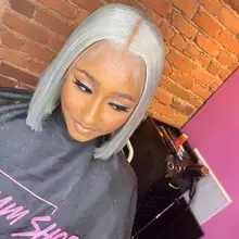 Peluca de cabello humano 180% gris para mujer, pelucas de cabello humano con encaje frontal BOB corto, brasileño, Remy, transparente, prearrancado