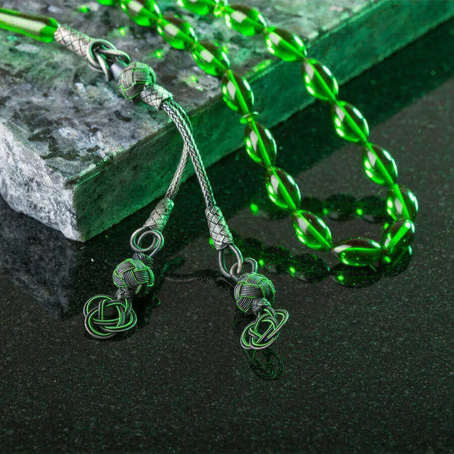 

Green Colored Amber Rosary (Tasbih) with 1000k Silver Tassel Fashion Turkish Premium Quality Handmade Jawelery