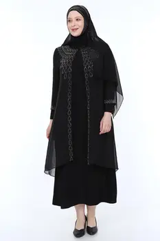 

Anne Elbise Orta Yas Size Chiffon Dubai Muslim Abaya Women Turkish dress Shawl Dress with Stoned Embroidered Scarf Hijab