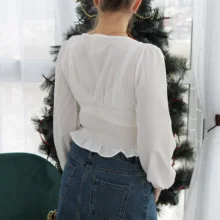 Short Blouses Womens Tops Long-Sleeve Vintage Square-Collar Casual Simple New Bow Solid