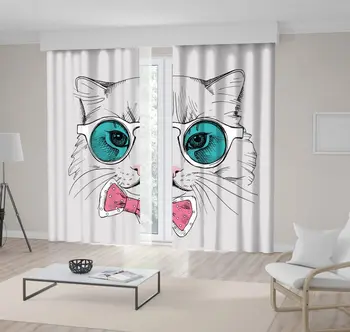 

Curtain Cute Cat in Glasses and Bow Tie Fashion Stylish Animal Cartoon Art Gray Blue Pink
