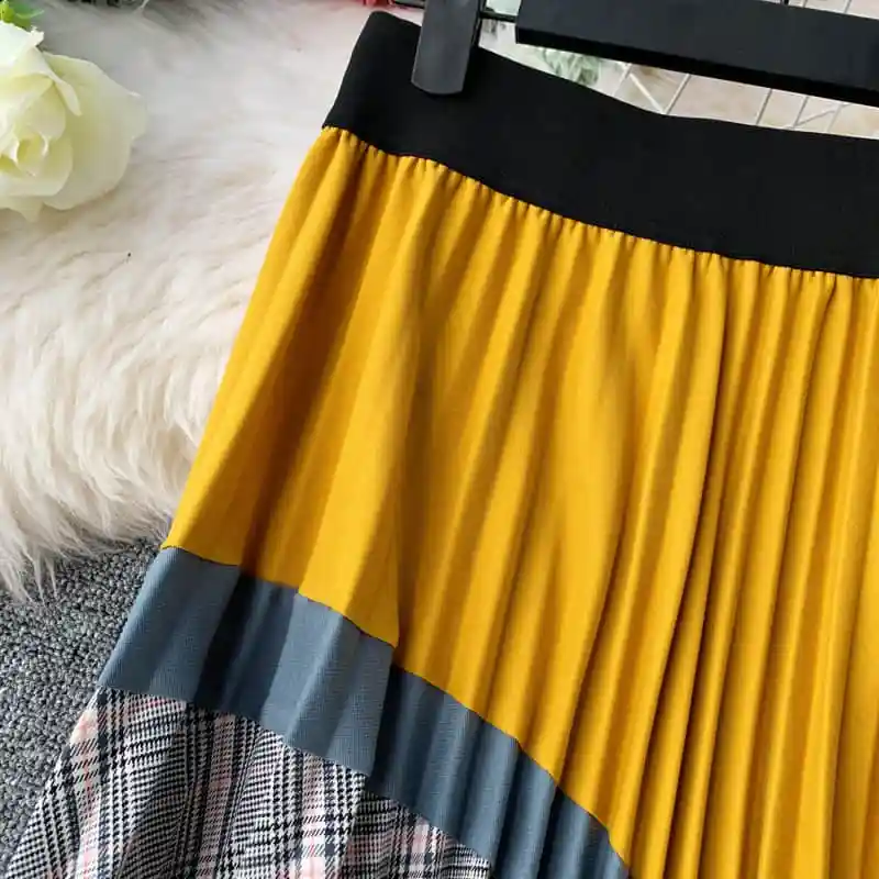 autumn Plaid High Waist Vintage Long Skirt Autumn Winter Bottoms Long Skirts A-line Patchwork Panelled Pleated Skirts