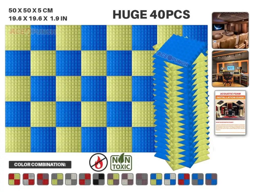 Blue and Yellow Arrowzoom 40 pcs Pack Color Combination 19.6" x 19.6" x 1.9" Pyramid Tile Studio Sound Absorbing Panel Acoustic Foam AZ1034 - Цвет: Blue and Yellow