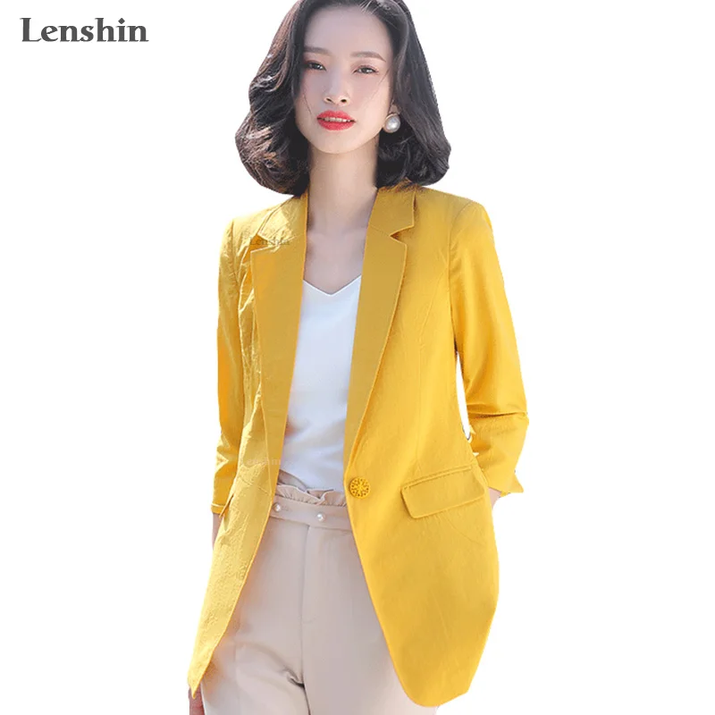 

Lenshin Women Elegant Fashion Candy Color Jacket with Pockets Blazer Slim Single Button Office Lady Simple Style Thin Outwear