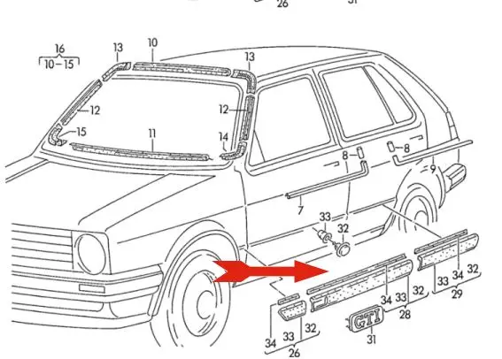 93-99 VW Golf 2 DR Left Rear Door Rub Strip Molding Red Stick On