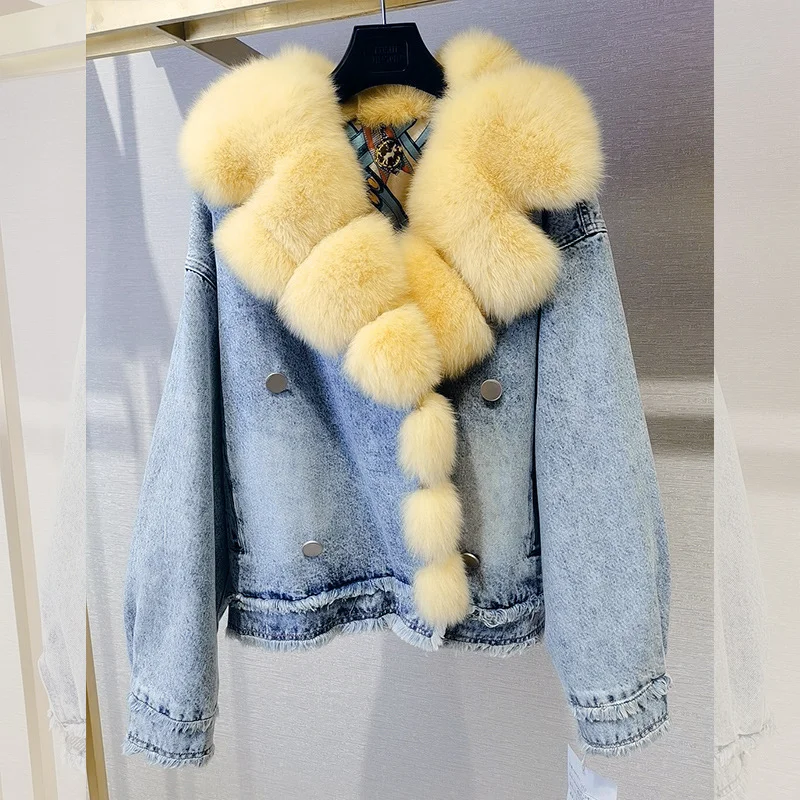 Denim Coat with Real Large Fox Fur Collar for Women, Furry Jacket, Fluffy Suit, Luxurious Brown and Yellow Coat, Winter Fashion