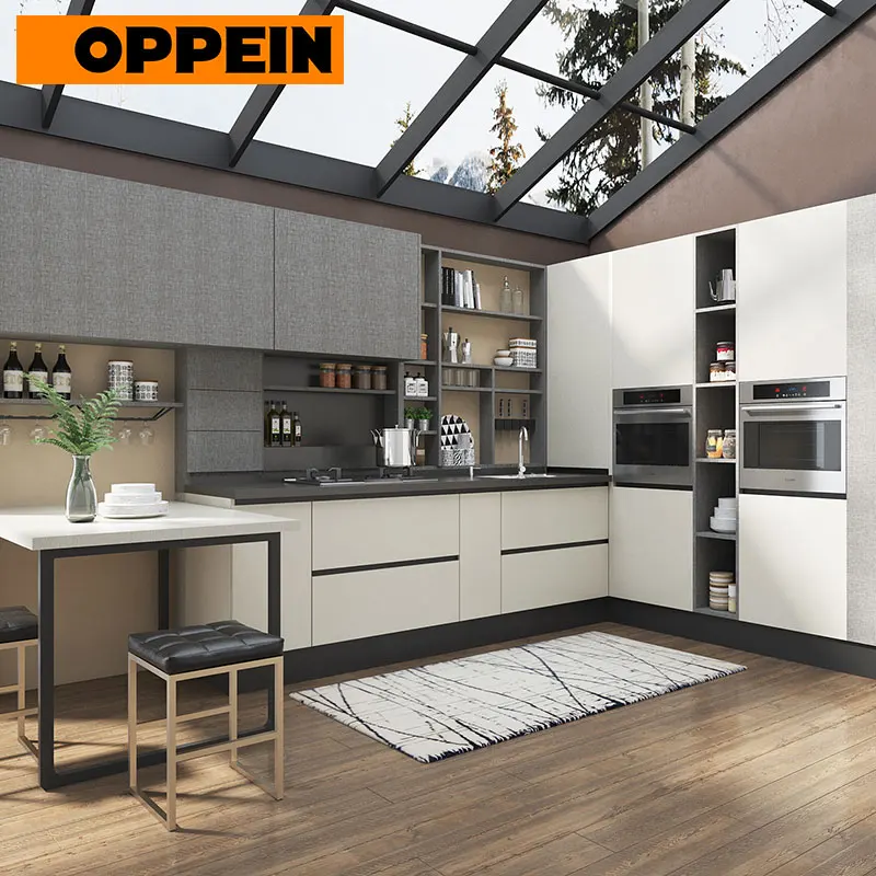

OPPEIN Gray and White Melamine L Shaped Modern Kitchen Cabinets Set