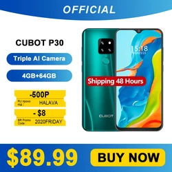 Смартфон Cubot P30 6,3 дюймэкран капли воды FHD+ 2340x1080p 4 Гб RAM + 64 ГБ ROM Памяти Android 9,0 Pie Система Helio P23 Телефон SONY AI задние тройные камеры Поддержка Распозна...
