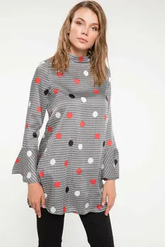 

DeFacto Woman Chic Mixed Color Polka Dot Blouse Women Casual Flare Long Blouse Women Grey Tunic Long Blouse-J4276AZ18HS