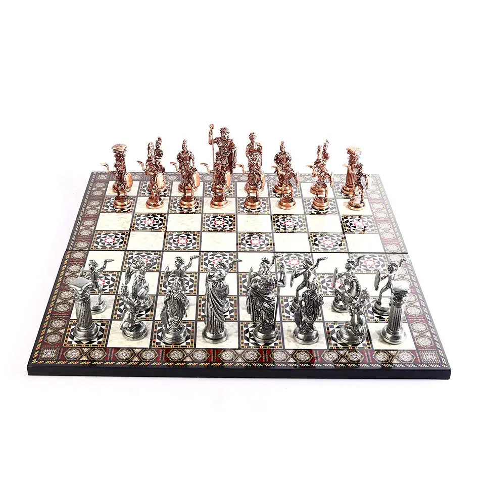 Historical Antique Copper Rome Figures Metal Chess Set Handmade Pieces Mother Of Pearl Design Wood Chess Board King 11 Cm Chess Sets Aliexpress