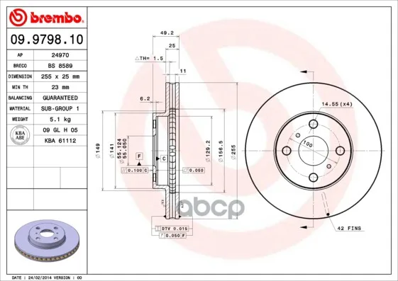 Диск Тормозной Передн Toyota: Prius Хечбэк 03-, Prius Седан 00-04 Brembo арт. 09.9798.10