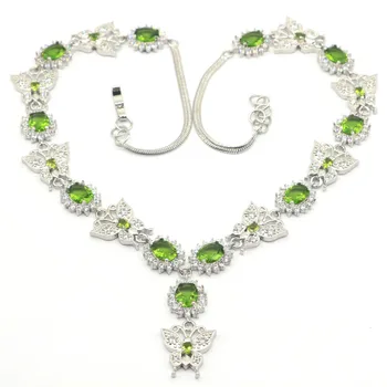 

34x17mm Stunning Created Green Peridot White CZ Ladies Present Silver Necklaces 18.5inch