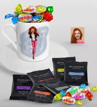 

Personalized Barbie Doll Caricature Of Turkish Coffee Cup Selamlique Mixed Turkish Coffee house And Haribo Candy Gift set-4