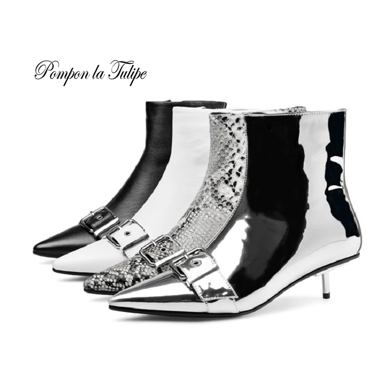 

ZZ 941182 Fancy Catwalk Genuine Cow Leather Pigskin 4CM High Heels Plush Insole Python Fashion Women Ankle Boots Women Shoes