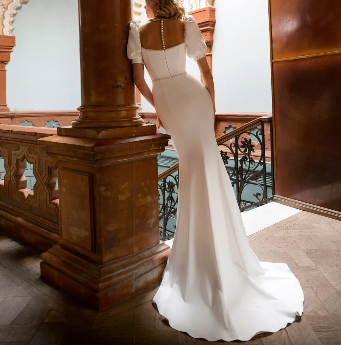 

11760#Romantic Square Neck Sheer Sexy Back Sweep Train Half Sleeve Mermaid Soft Satin Wedding Dress Wedding Bridal Gown Custom