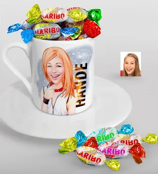 

Personalized Women 'S Caricature Of Turkish Coffee cup And Haribo Candy Gift Seti-35