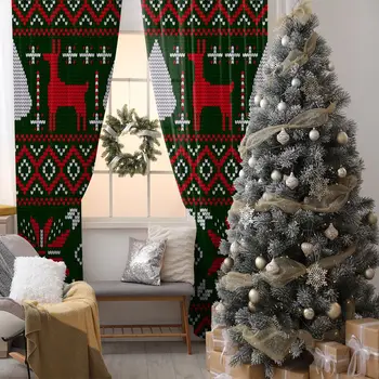

Knitted Christmas Pattern Trees of Reindeers Floral Traditional Folk Art Printed Green Red White Curtain
