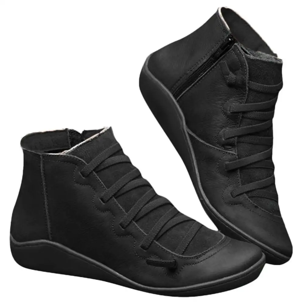 Women's Snow Boots Vintage Leather Boots Flat Waterproof Winter Round Toe ankle boots for women Versatile Platform boots women - Цвет: black 2