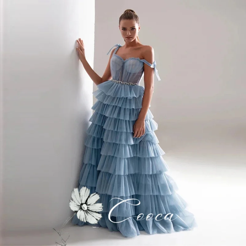 612# Blue Tulle A-LINE Evening Dresses Ruffles Spaghetti Strap Evening Gowns Floor-length Party Dresses Long Prom Gowns long sleeve formal dresses & gowns Evening Dresses