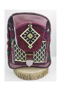 

Woven Rugs Patterned Burgundy Front Pocket Women Backpack For School or Daily Use