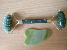 Gua Sha-Rodillo de piedra de jade para masaje facial, rodillo estiramiento piel cuello, doble cabezal, relajación de la piel, piedra de jade natural