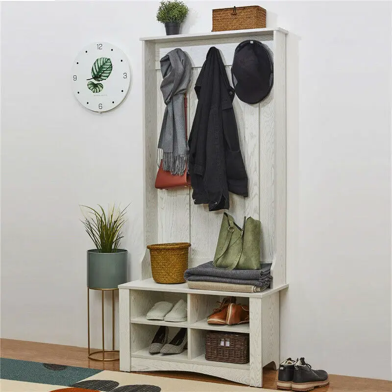 

70" Entryway Wooden Coat Rack Shoe Bench Hall Tree Hallway Bench Storage Organizer W/ 3 Hooks Hall Tree with Storage Bench White
