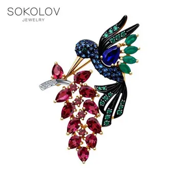 

SOKOLOV brooch of gold "Hummingbird" with a mix of stones, fashion jewelry, 585, women's male