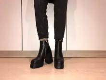 Zapatos de punta redonda con cremallera para mujer, tacones de plataforma de Botines de Cuero de tacón super alta gruesa, moda europea y americana