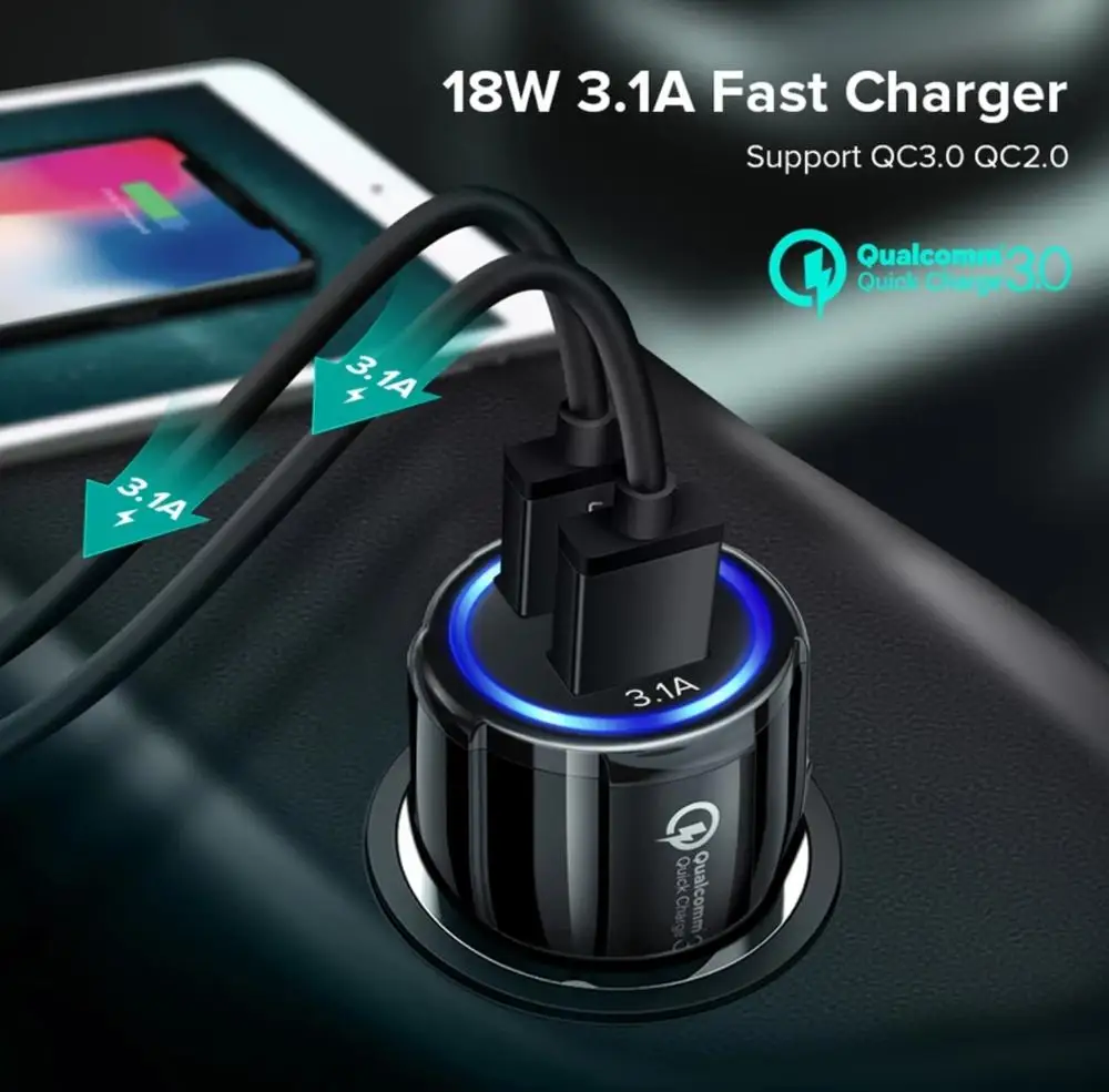 USB Автомобильное зарядное устройство для мобильного телефона-Qualcom 3,0 Быстрая зарядка+ 1 м Ультра быстрый кабель+ отслеживание груза samsung Iphone