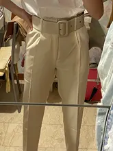 Aonibeier elegante carrera pantalón Oficina dama Pantalones rectos de cintura alta cinturón Casual de la longitud del tobillo de las mujeres traje de pantalones bolsillos Sashes