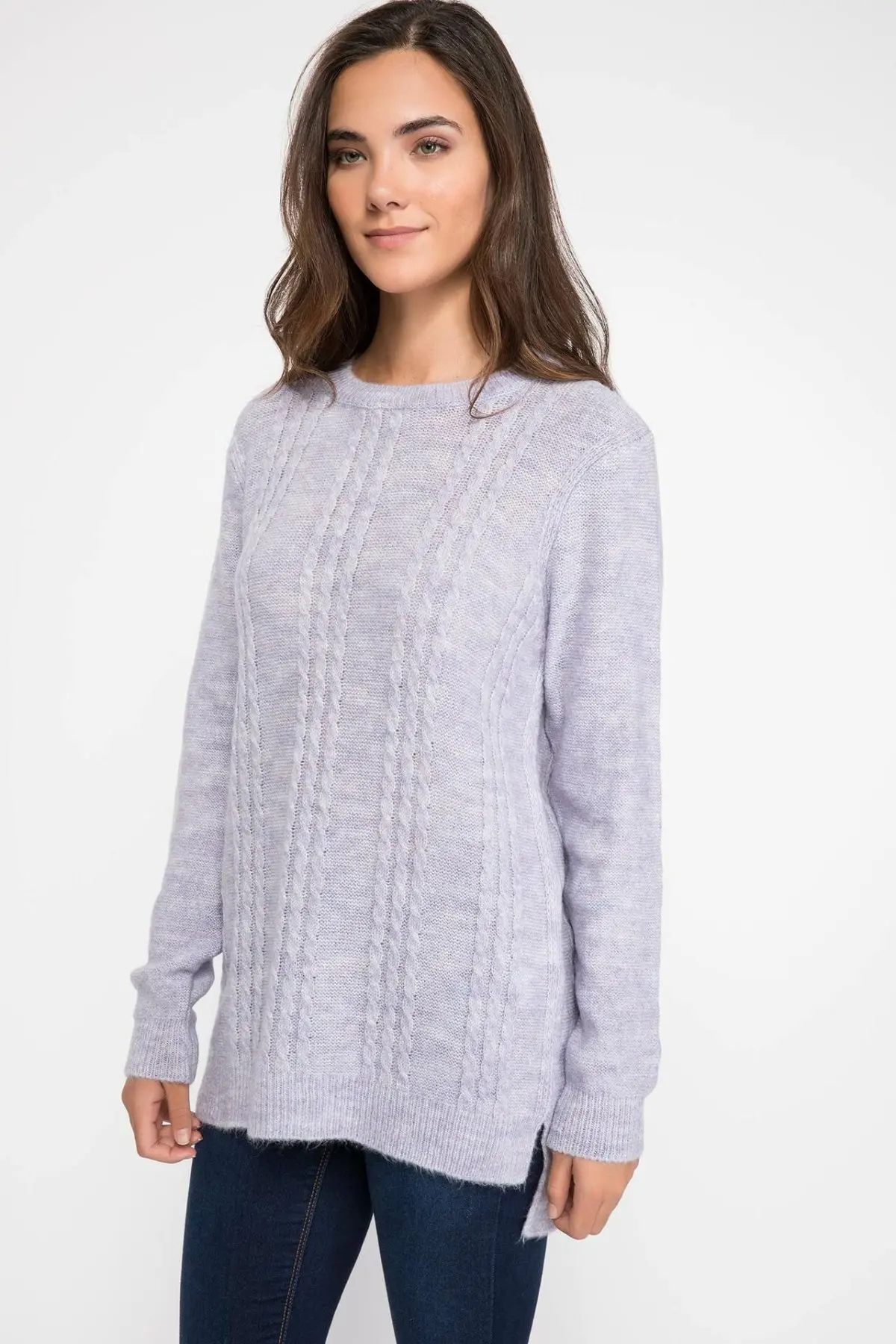 DeFacto, женские модные пуловеры с круглым вырезом и длинными рукавами, чистый цвет, Повседневные вязаные пуловеры, осень, новинка-J0572AZ18WN - Цвет: Фиолетовый