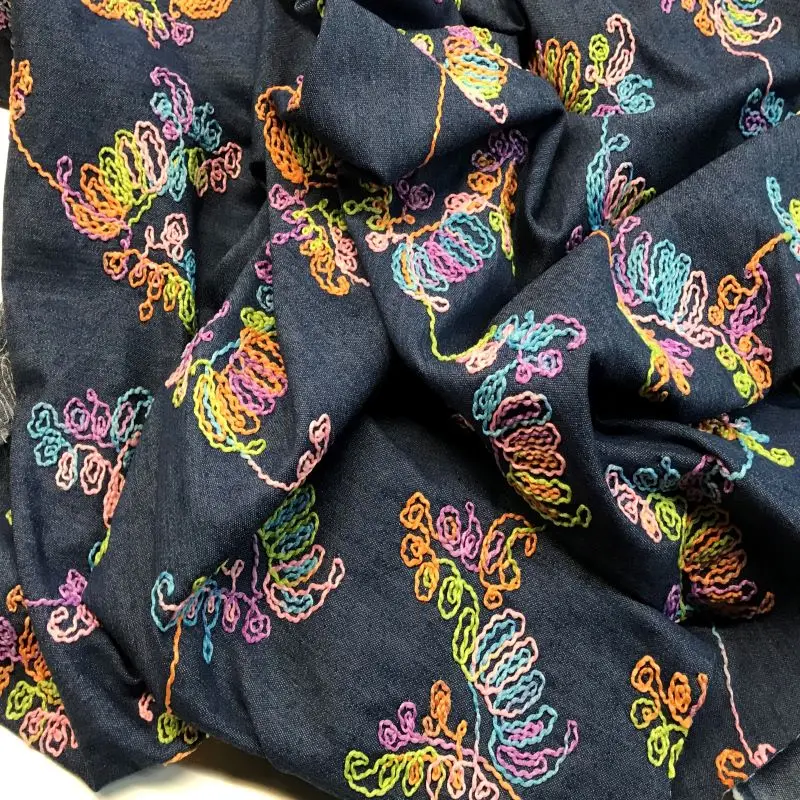 Fabric by meters denim fabrics MULTICOLOR flower embroidered dress PERTEX textile | Дом и сад