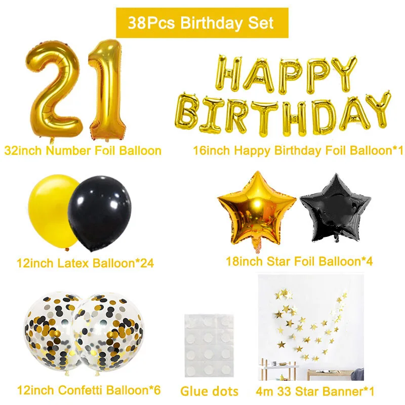 Ballons Decoratifs De Fete De Joyeux Anniversaire 38 Pieces Numeros 21 En Aluminium Or Noir Fournitures Pour Hommes Et Femmes De 21 Ans 12 Et 12 Ans Garcon Et Fille Aliexpress