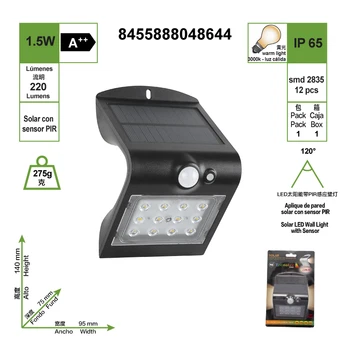 

SOLAR LED wall apply black with SENSOR 1.5W 220LM 3000K yellow light