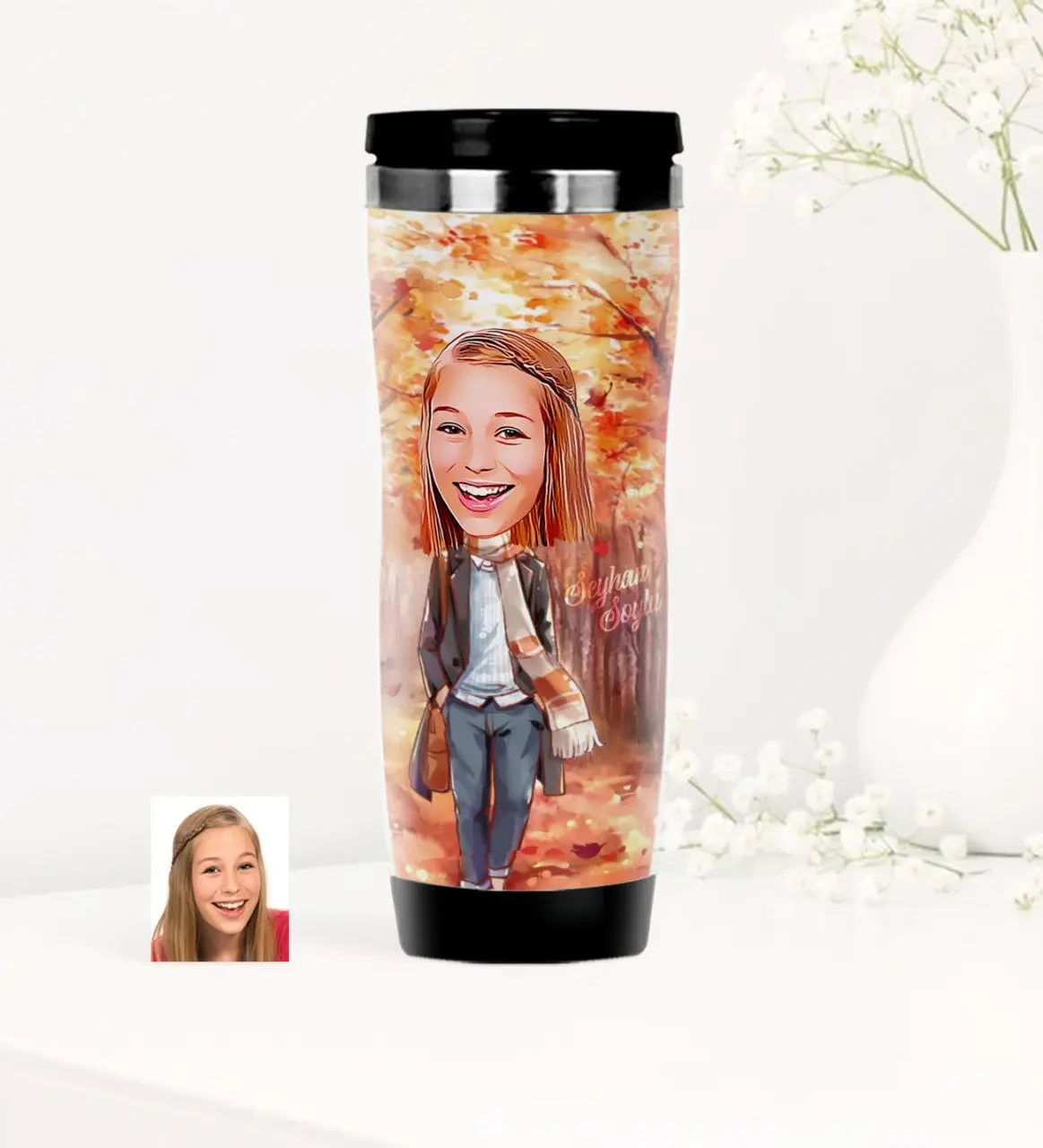 

Personalized Women 'S Autumn Themed Caricature Of Steel Thermos cup-2